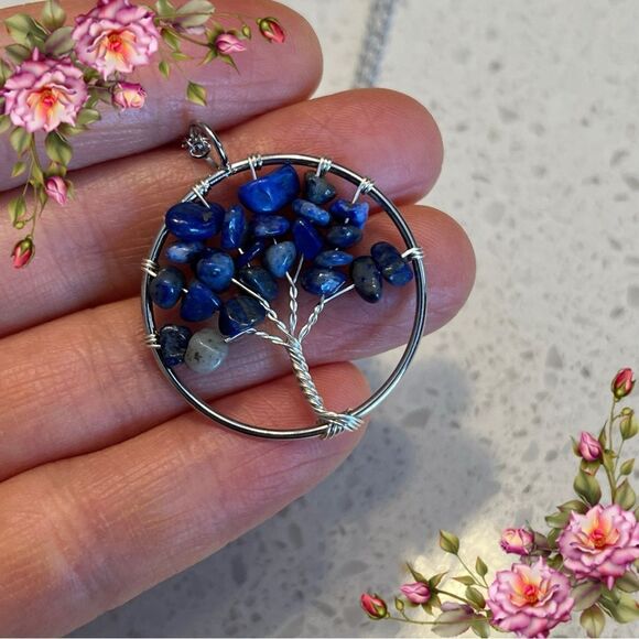 Crushed Stone Silver Color Tree Of Life Necklace - Picture 1 of 10